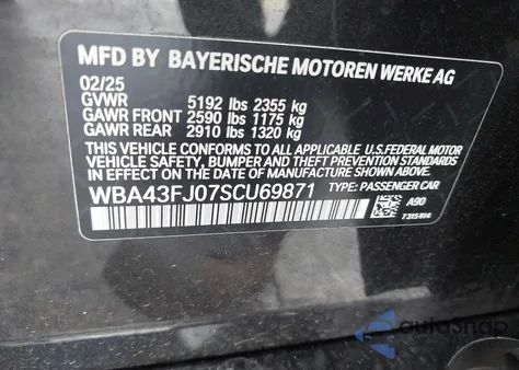 2025 BMW 530I from USA, damaged, VIN WBA43FJ07SCU69871